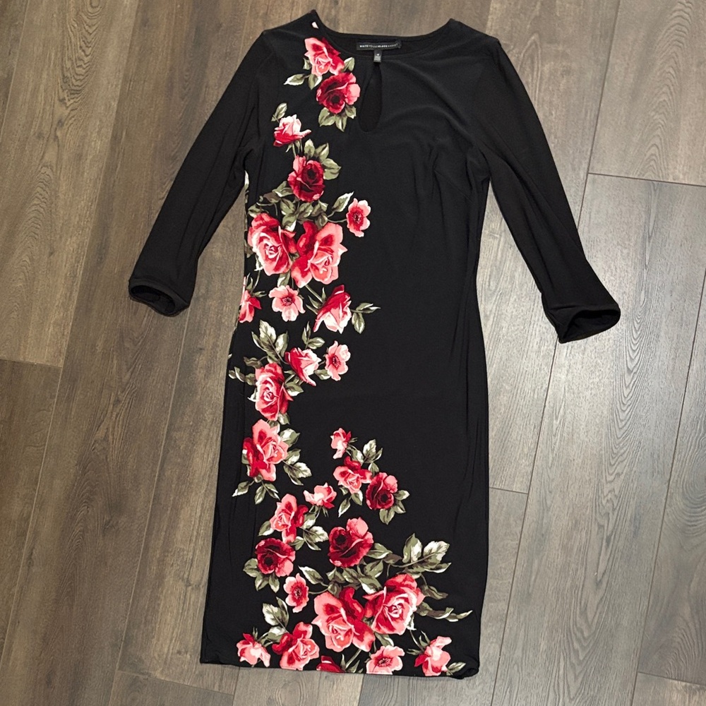 White House Black Market Black Dress with Pink Floral Design
